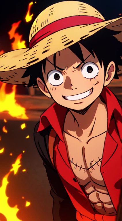 1boy, wanostyle, monkey d luffy, smiling, straw hat, looking at viewer, solo, upper body, ((masterpiece)), (best quality), (extremely detailed), depth of field, sketch, dark intense shadows, sharp focus, soft lighting, hdr, colorful, good composition, fire all around, spectacular, closed shirt, anime screencap, scar under eye, ready to fight, black eyes