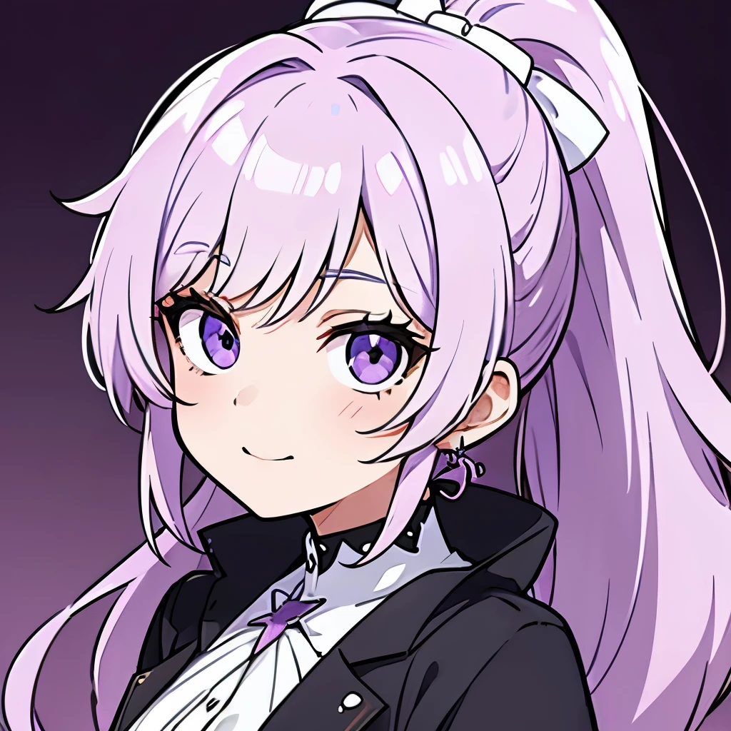 cheveux violets, style à le personnage Crunchyroll, avec (fond blanc) avec une expression très joyeuse