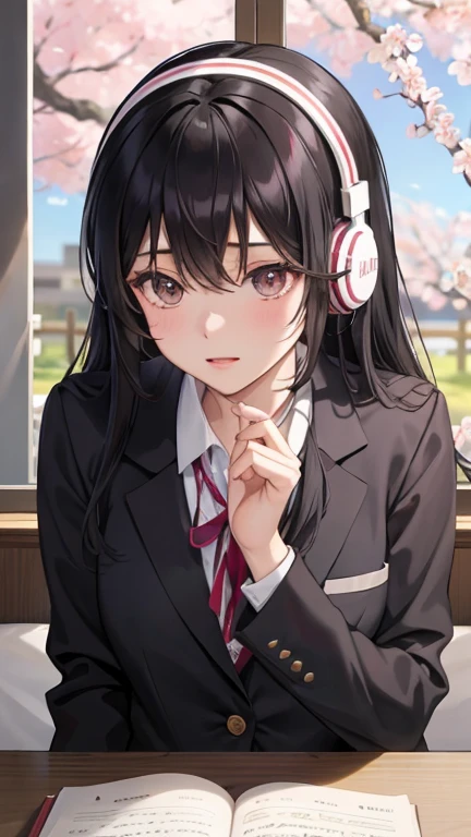 A beautiful black-haired high school girl studying in her room while listening to music with headphones、Blazer uniform、Outside the warmly lit room, cherry blossoms are blowing wildly.、Japanese anime style