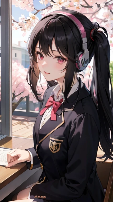 A beautiful black-haired high school girl studying in her room while listening to music with headphones、Blazer uniform、Outside the warmly lit room, cherry blossoms are blowing wildly.、Japanese anime style