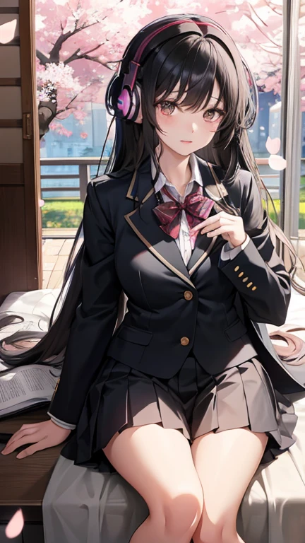 A beautiful black-haired high school girl studying in her room while listening to music with headphones、Blazer uniform、Outside the warmly lit room, cherry blossoms are blowing wildly.、Japanese anime style