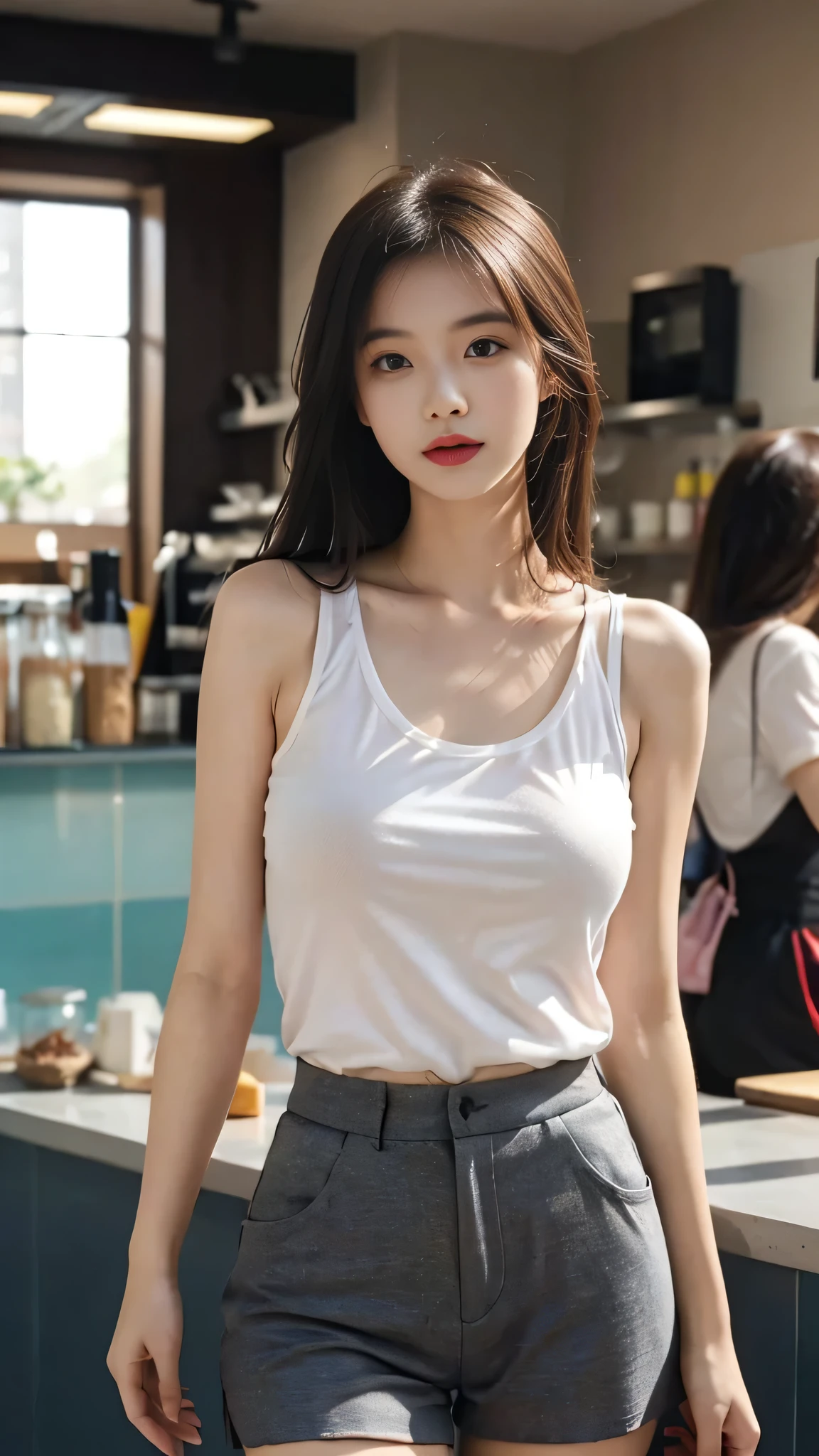 A perfect young female,Chinese in tank top and shorts, over size t-shirt and shorts in the coffee lab, chinese women's fashion model, smooth color tight clothes suit, CG rendering, Blurred background, deep shadow, 16K, bokered, Very detailed, wallpaper, depth of field, movie light, lens flare, Ray tracing.