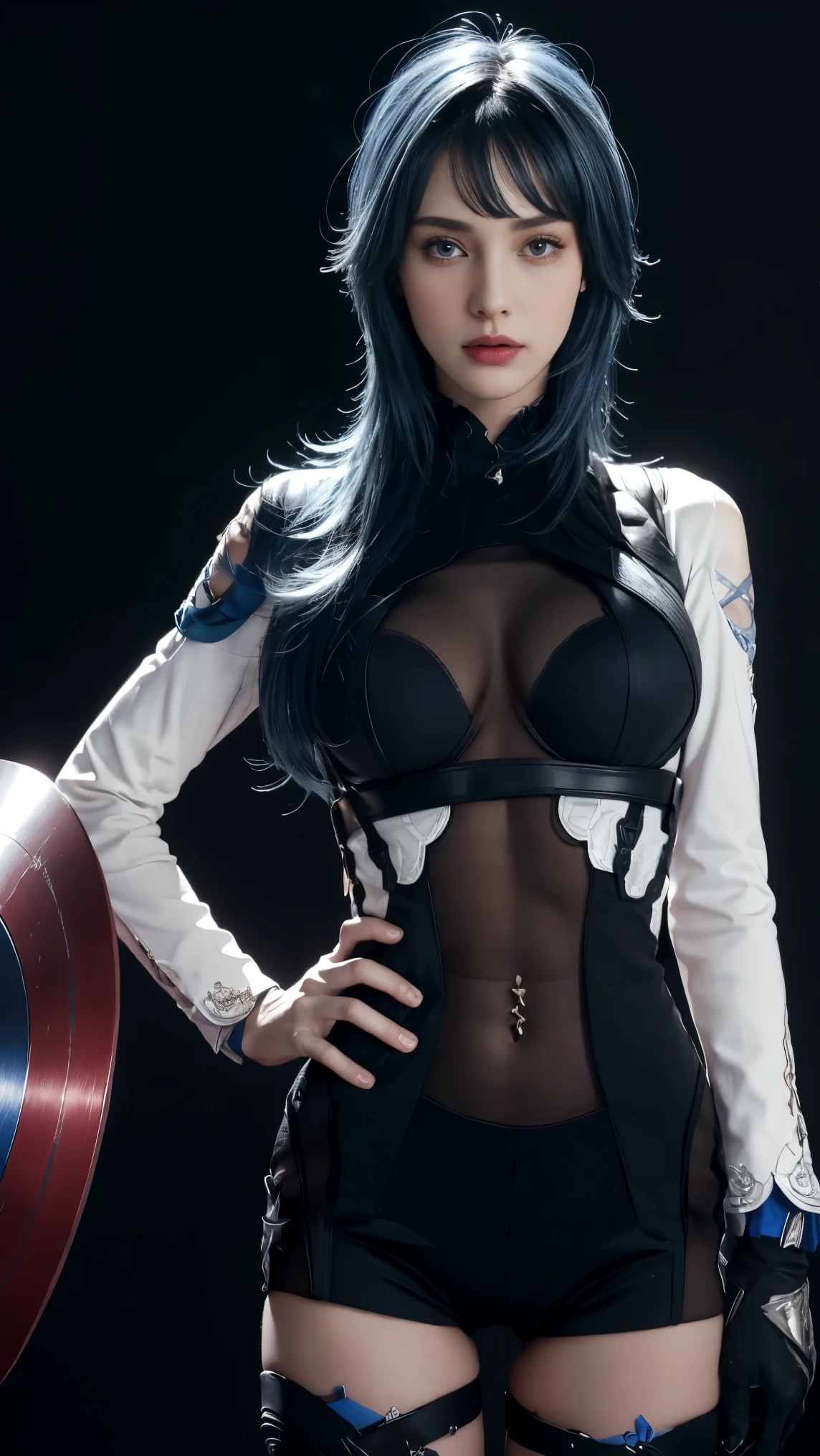 8K, Top Quality, Intricate Details, Ultra Detail, Ultra High Resolution, Masterpiece, close up shot, Slender,, ((Full body )), (Makeup: 0.4), (), , looking at viewer, ((full body)), 1girl, solo, 1 girl, (( )), , , ((tall)), (((fit body))), (((slim face))), sharp face , smile, (( blue hair, bangs, long hair )) , (detailed face), sharp face, small lips, standing, feminine pose, , show belly ,, , ((captain america suit)), , ((detail belly )), detail fingers, detail hands, detailed face, detailed breast, huge breast, Narrow Waist, Skinny, 175 cm tall , Muscular, Navel, Exposed Abdomen, Pointed Ches , large breast, , , Beautiful girl with accentuated slender abs: 1.4, Six Pack Abs: 1.4, Bust Botox,, Perfect Body, (( dark background)), black background,