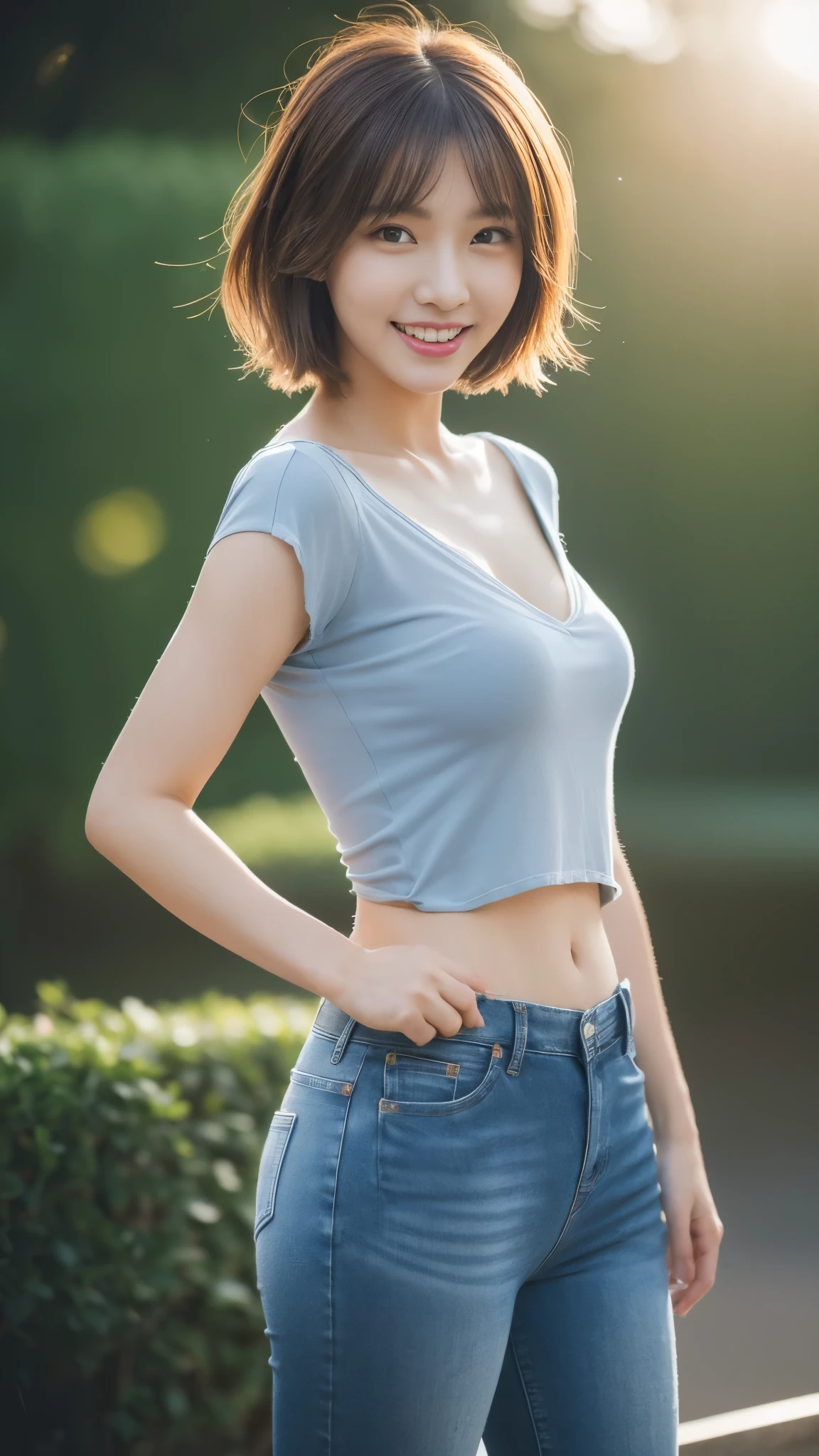 (超A high resolution,RAW Photos,8k,KHD,highest quality,masterpiece:1.5),(Intricate details,Realistically),One very beautiful woman, 30 years old, High resolution, Highly detailed face, (Professional Lighting,Bokeh),(Particles of light,Lens flare brilliance,Luminous Particles:0.6),Gentle soft lighting,Trendy atmosphere,Japanese,Street,Stylish side-wavy short hair,Bobohead, Brown haired, hair is delicate and soft,Spread your wings, Lips parted, mouth紅, Captivating smile, smile, mouth, teeth, There are small dimples,White Swan Neck,Shave your shoulders, Big Chest,(small,Golden ratio numbers),Please wear(Bluish gray)(Perfect fit,Slim fit,体にPerfect fit)Wearing a fashionable white shirt, (Wash Blue)(Fashion Jeans),(Attention to detail in the costumes:1.5), double eyelid,Long eyelashes, Birthmark, (Mole under the eye: 1), Big breasts and small waist,Beautiful ass,Calves are balanced, Thinness:1.2,Small white and soft jade legs,Beautiful toes:1.5,Wear branded fashion sandals:1.0,(Boldness,Coquettish,Playful and beautiful poses,Raised to be sexy,Attractions),Female-centered focus photography,Focus on the hips and crotch,Wide lighting,Natural Shadows,Wide Wide Shot,Close Focus,Full body shot:1.8,Full body photo:1.8