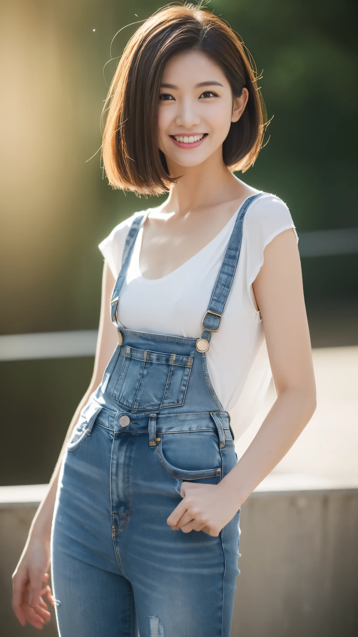 (超A high resolution,RAW Photos,8k,KHD,highest quality,masterpiece:1.5),(Intricate details,Realistically),One very beautiful woman, 30 years old, High resolution, Highly detailed face, (Professional Lighting,Bokeh),(Particles of light,Lens flare brilliance,Luminous Particles:0.6),Gentle soft lighting,Trendy atmosphere,Japanese,Street,Stylish side-wavy short hair,Bobohead, Brown haired, hair is delicate and soft,Spread your wings, Lips parted, mouth紅, Captivating smile, smile, mouth, teeth, There are small dimples,White Swan Neck,Shave your shoulders, Big Chest,(small,Golden ratio numbers),Please wear(Bluish gray)(Perfect fit,Slim fit,体にPerfect fit)Wearing a fashionable white shirt, (Wash Blue)(Fashion Jeans),(Attention to detail in the costumes:1.5), double eyelid,Long eyelashes, Birthmark, (Mole under the eye: 1), Big breasts and small waist,Beautiful ass,Calves are balanced, Thinness:1.2,Small white and soft jade legs,Beautiful toes:1.5,Wear branded fashion sandals:1.0,(Boldness,Coquettish,Playful and beautiful poses,Raised to be sexy,Attractions),Female-centered focus photography,Focus on the hips and crotch,Wide lighting,Natural Shadows,Wide Wide Shot,Close Focus,Full body shot:1.8,Full body photo:1.8
