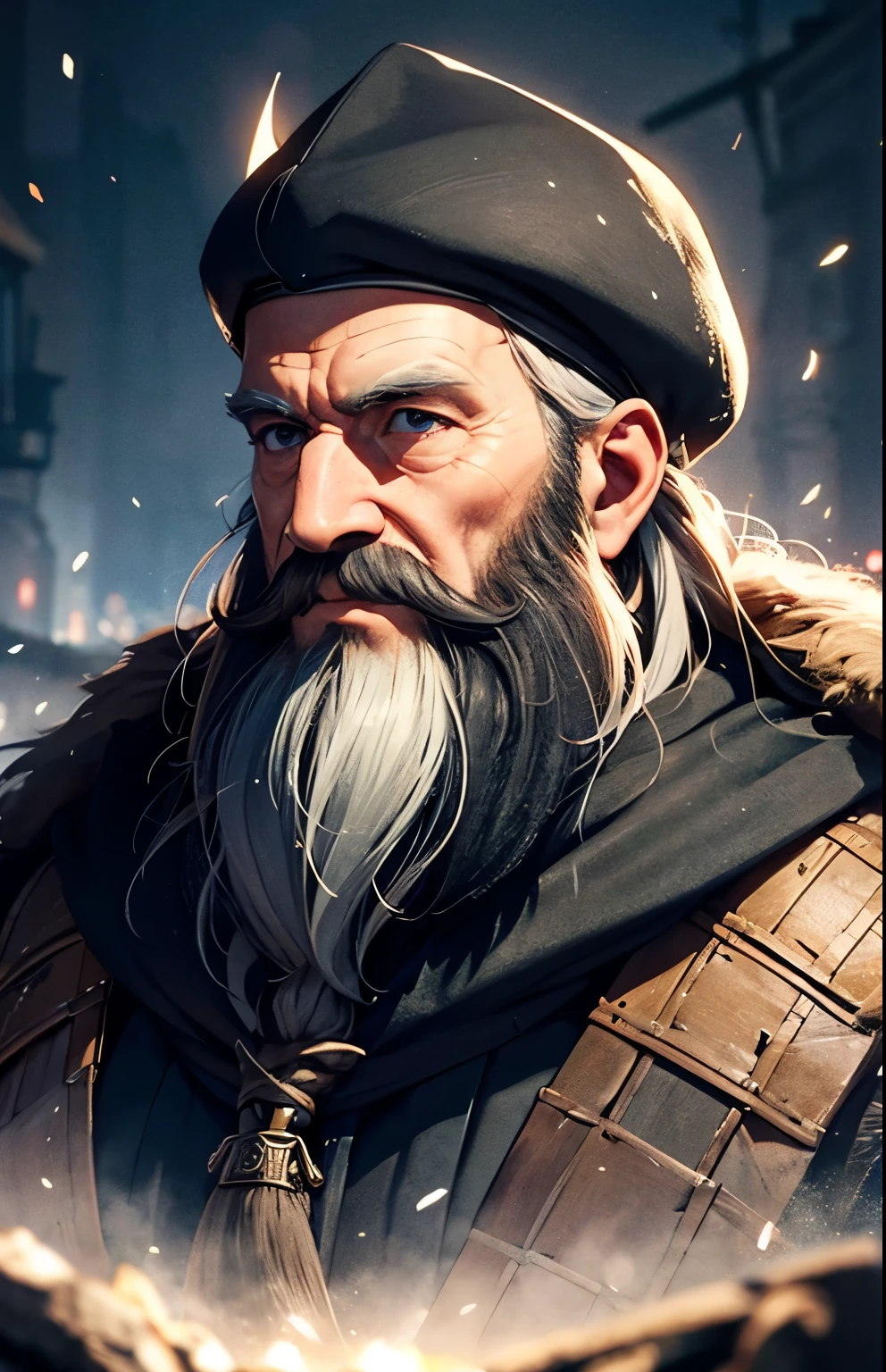 Village elder, major, beard, human, male, fantasy, medieval, detailed, cineatic lights, hd, ultra hd , lights particles 