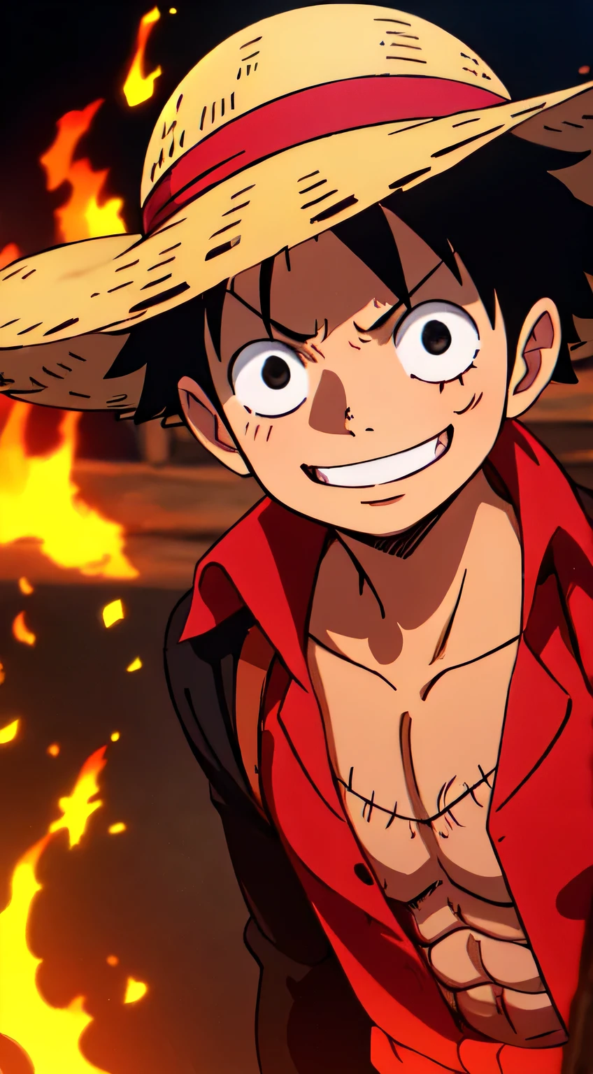 1boy, wanostyle, monkey d luffy, smiling, straw hat, looking at viewer, solo, upper body, ((masterpiece)), (best quality), (extremely detailed), depth of field, sketch, dark intense shadows, sharp focus, soft lighting, hdr, colorful, good composition, fire all around, spectacular, closed shirt, anime screencap, scar under eye, ready to fight, black eyes 
