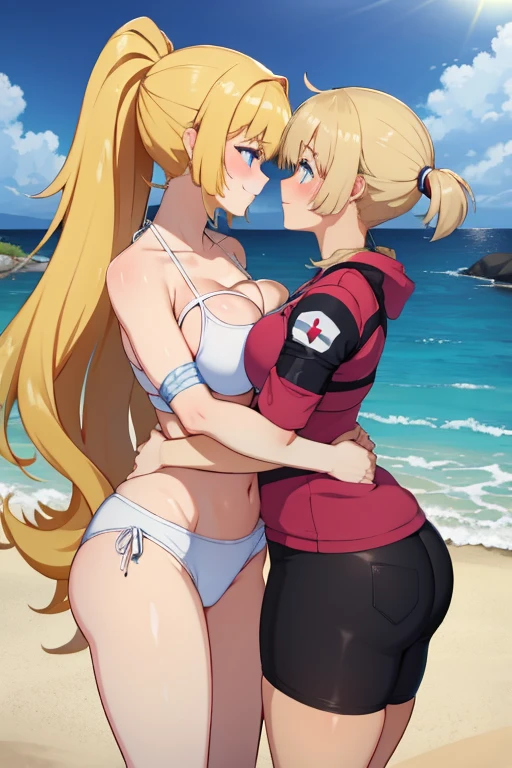 2 girls, blue detailed eyes, Long blonde hair, improvisierter Knebel, Klebebandknebel, GEKNEBELT, Klebeband, festgebunden, Arms behind the back, gefesselte Arme, white Bikini, blushing, Tape gag, Standing, beach in the background, big , Long hightucked ponytail, Camera close to the girls