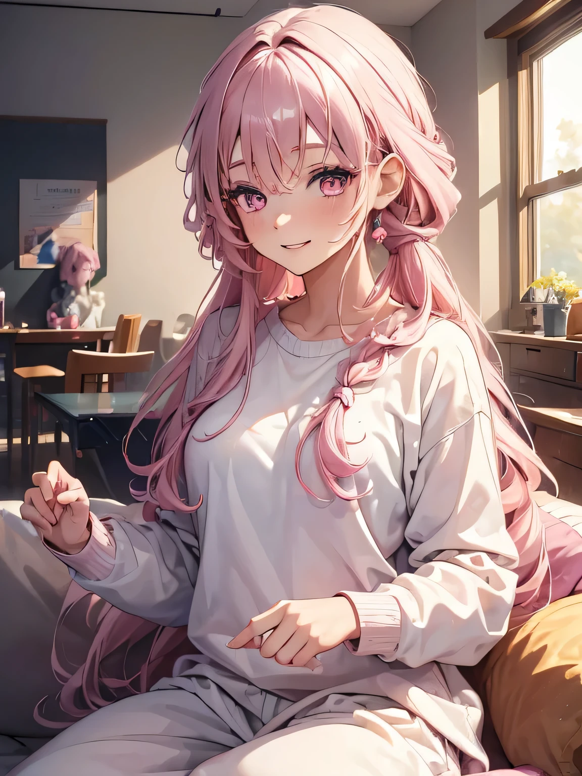 (masterpiece, best quality:1.4), 8k, Light Pink Hair, Messy Braided long hair, Young adult, anime girl, Smiling, light Pink Eyes, in Livingroom, white oversized Sweater, white Sweatpants (detailed eyes and face, sharp pupils, realistic pupils:0.6)