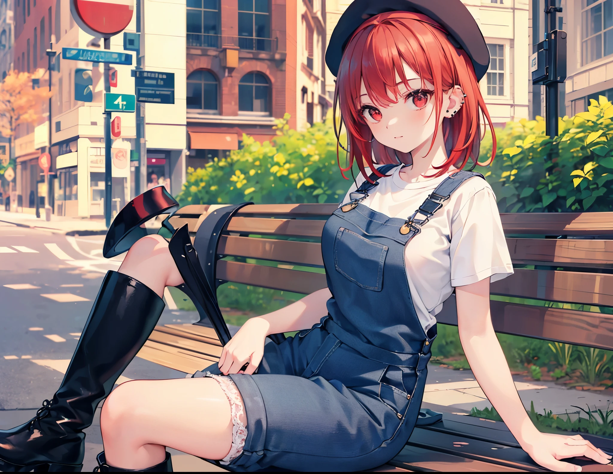 (Close-up:1.3),Realistic,highest quality, Ultra Detail, High-quality CG rendering, The most delicate and beautiful, Floating softly, High resolution, (1 girl), (Highest quality,4K,8K,masterpiece:1.2),(All red hair:1.5), (Medium Hair:1.5),(Red eyes:1.5),(Slightly larger breasts:1.2), (Beige overalls:1.3),(Pure white inner T-shirt:1.3),(Black boots:1.3)、(Black beret:1.3)、Piercing in left ear,In the city,old buildings,(Sitting on a bench:1.3)