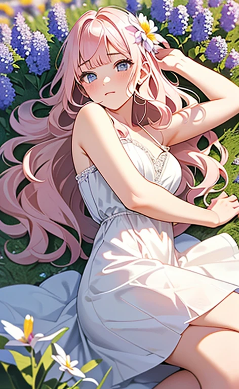 (masterpiece:1.4、top-quality、illustration:,realistic、)、(character focus、,cowboy shot:1.3)、(1girl),(clear face:1.3),(),cute face,blue eyes、(tareme:1.3)、(from above),
(Lying in a flower field:1.4),(on side1.3)、
(pink blonde hair),(very long hair:1.5)、
,(Flower Field:1.3、Flower storm:1.3),(white camisole dress:1.5),
(blunt bangs),(volumey,sidelocks,wavy hair:1.3), (small breasts)、
、slender、