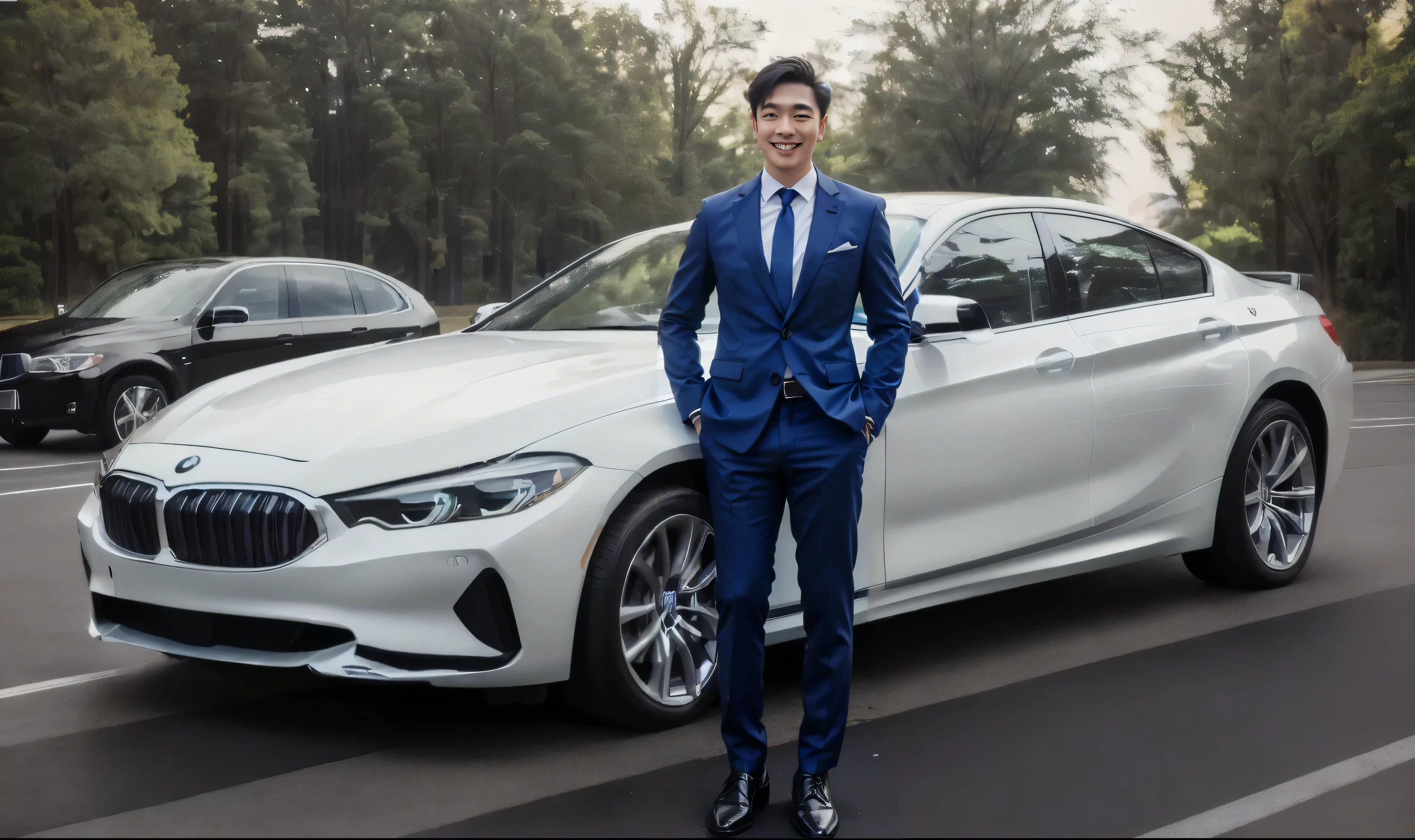 (( real photos))((highest quality))The light on the face is natural and realistic(( Smile and comfortable )) An asian man in a Set standing in front of a car, wearing a light blue Set, Handsome young man, wearing fashion Set, wearing Set, blue Set, well dressed, , Set, Japanese male, tight light blue neopren Sets