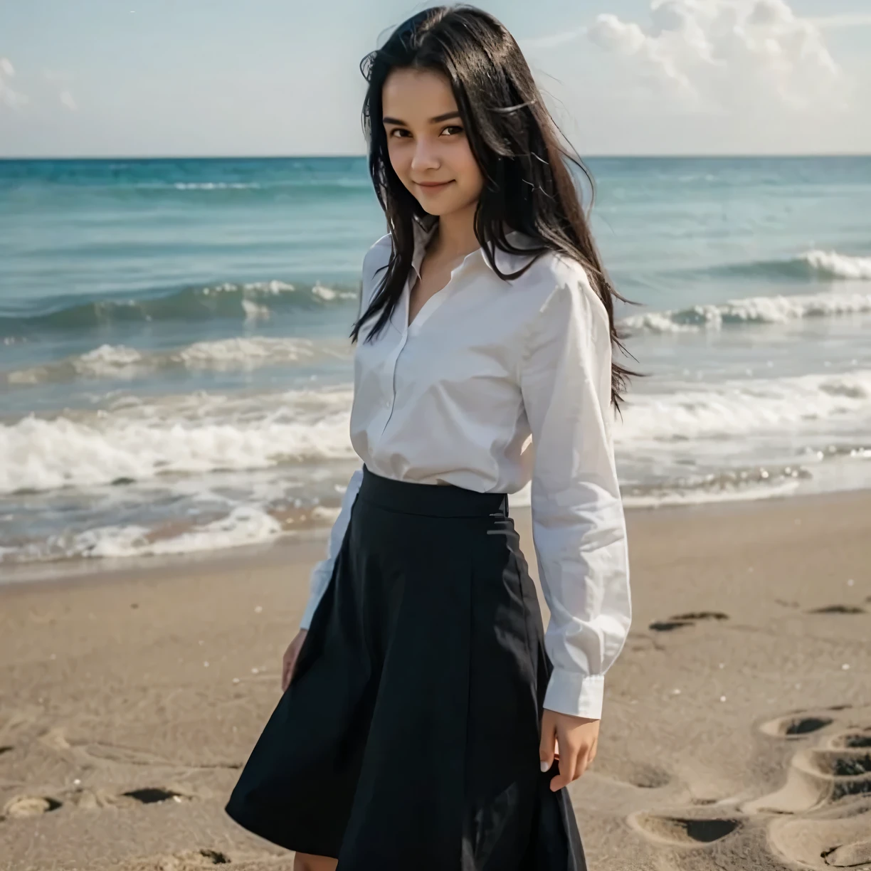 16 years old short girl, tucked shirt, long skirt, long sleeves, black hair, at the beach, cute little smile