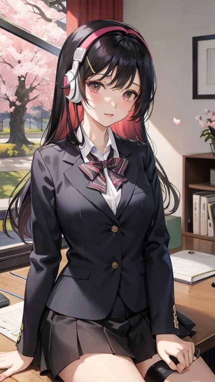 A beautiful black-haired high school girl studying at her desk while listening to music with headphones in her room、Blazer uniform、Outside the warmly lit room, cherry blossoms are blowing wildly.、Japanese anime style