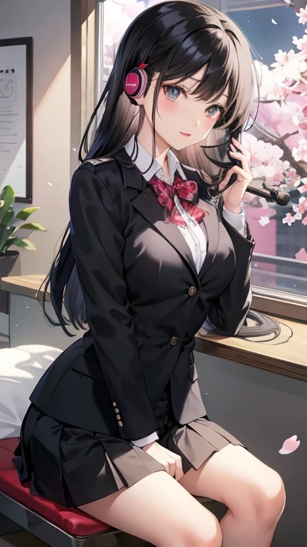 A beautiful black-haired high school girl studying at her desk while listening to music with headphones in her room、Blazer uniform、Outside the warmly lit room, cherry blossoms are blowing wildly.、Japanese anime style