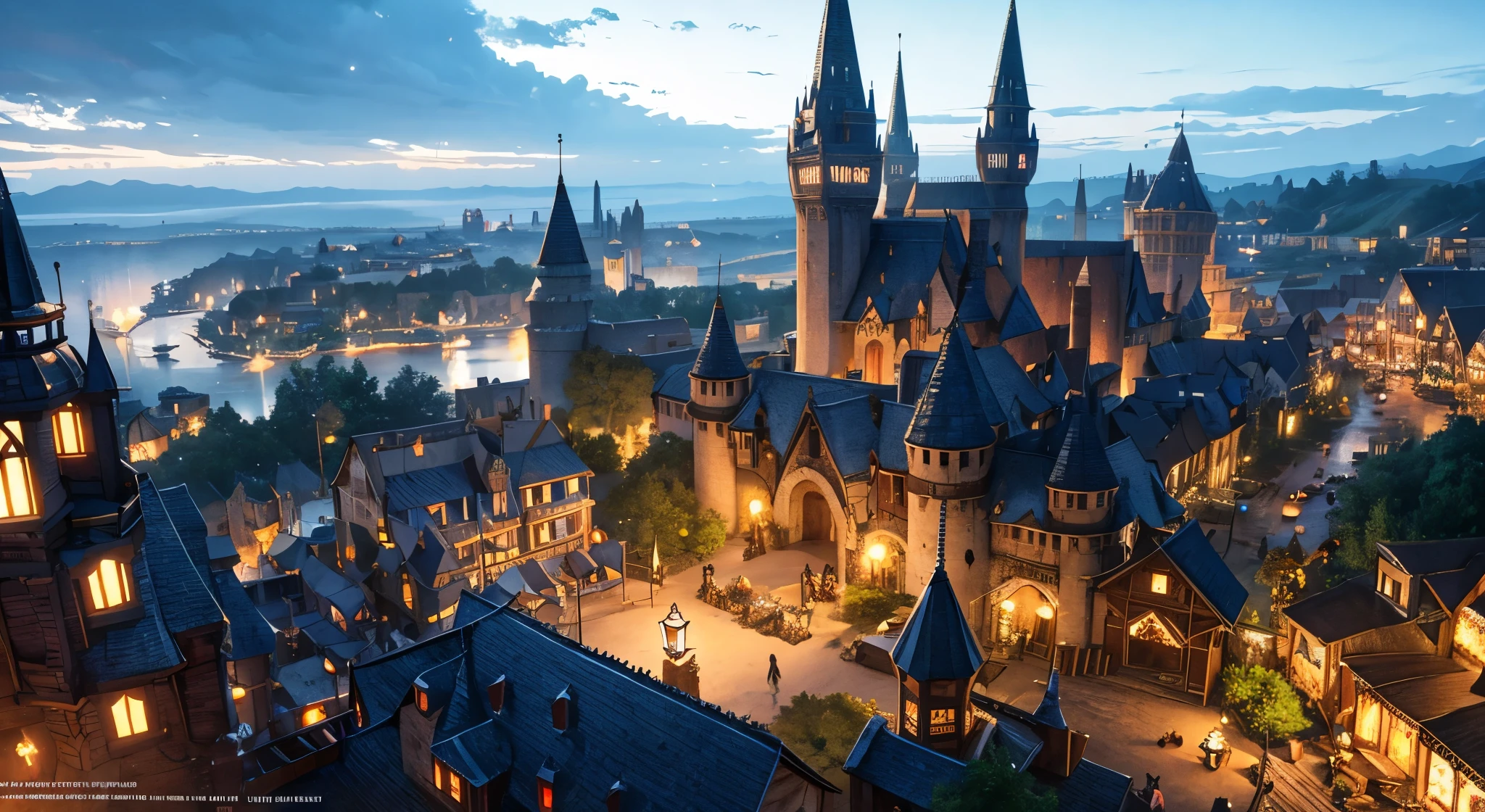 Fantasy medieval village, fantasy, medieval, detailed, cineatic lights, hd, ultra hd , lights particles