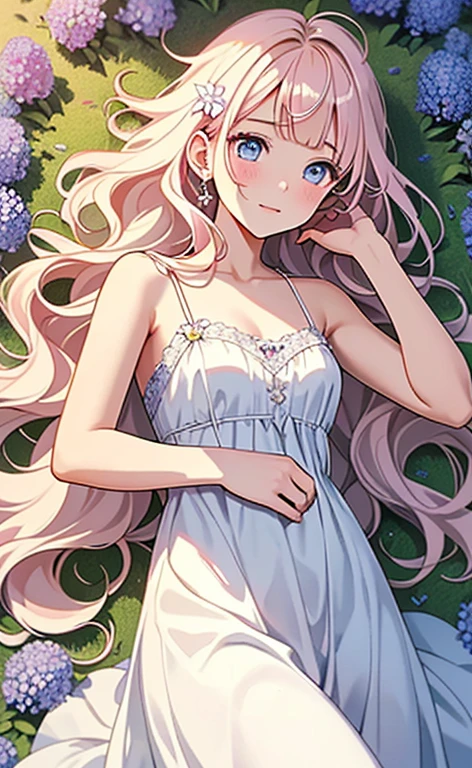 (masterpiece:1.4、top-quality、illustration:,realistic、)、(character focus、,cowboy shot:1.3)、(1girl),(clear face:1.3),(),cute face,blue eyes、(tareme:1.3)、(from above),
(Lying in a flower field:1.4),(on side1.3)、
(pink blonde hair),(very long hair:1.5)、
,(Flower Field:1.3、Flower storm:1.3),(white camisole dress:1.5),
(blunt bangs),(volumey,sidelocks,wavy hair:1.3), (small breasts)、
、slender、