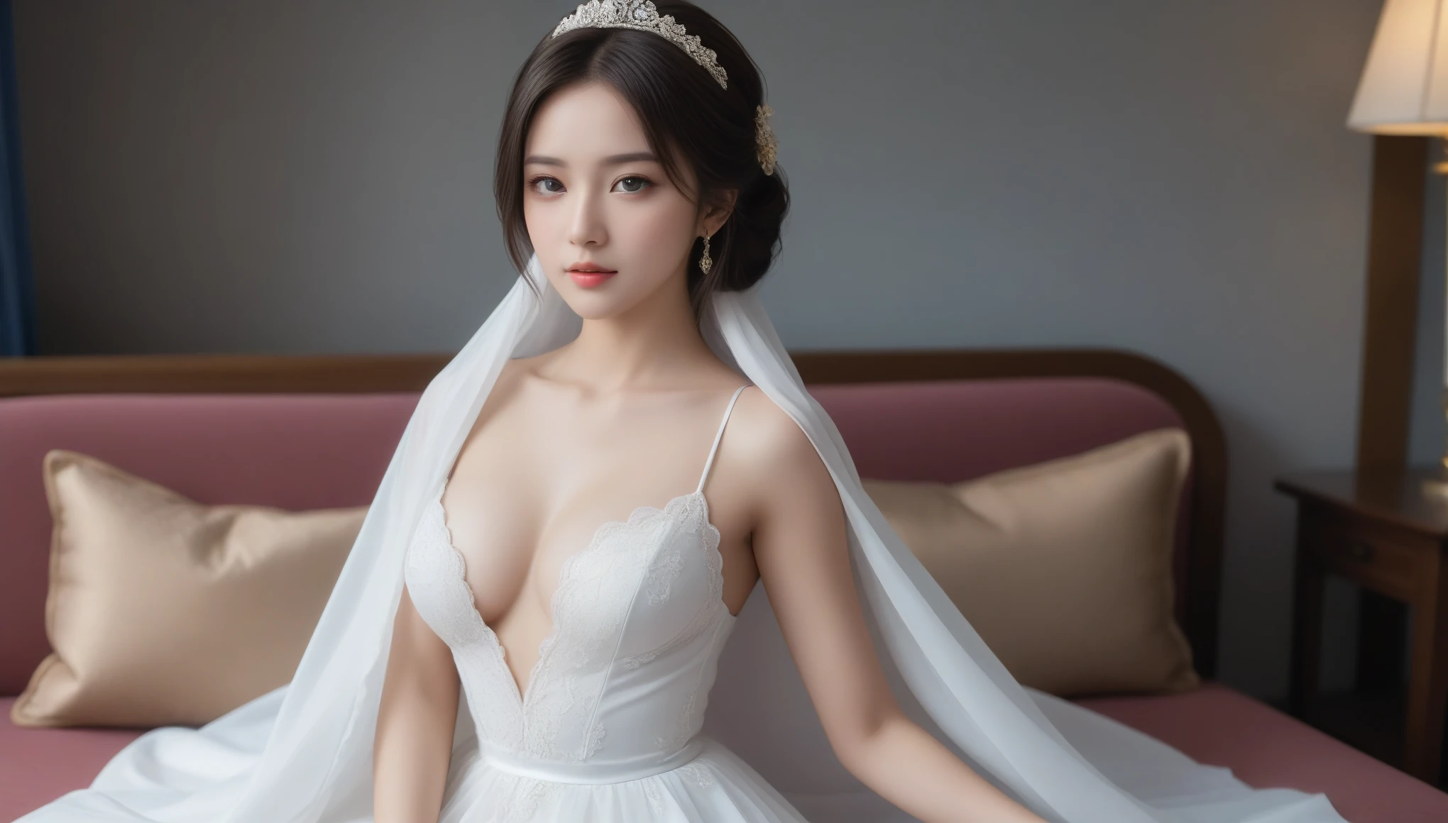 ((top quality, 8K, masterpiece:1.3)), (focus control:1.2), (Perfect Body Beauty:1.4), ((delicate hair)), (Highly detailed face and skin texture), fair eyes, double eyelid, (shiny skin:1.5), small face, huge breasts, 20 years old, (White layered hair), (smile, beautiful teeth), (Gorgeous Indian Dress:1.4), (Fantastic palace:1.5), (Hide your hands under your clothes),