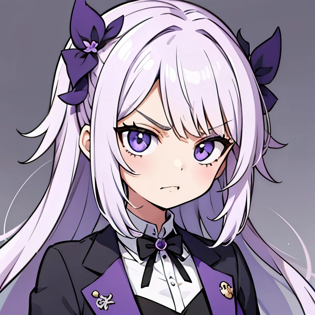 cheveux violets, style à le personnage Crunchyroll, avec (fond blanc) with an angry expression