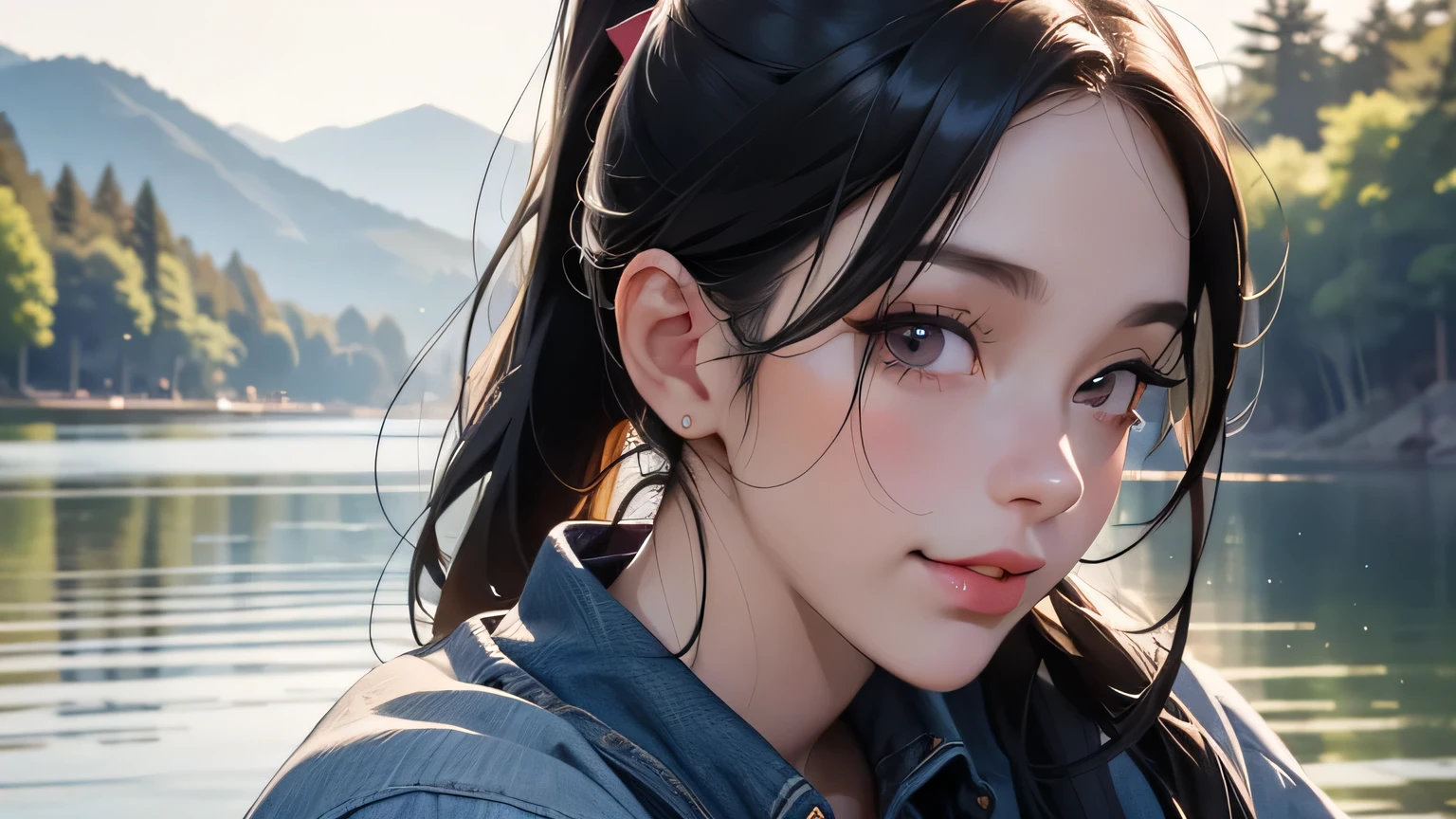 8k, highest quality, super high resolution, 1 woman, ponytail, 21 years old, E cup, (with a girl), top-quality beautiful girl, outdoor, full body, mouth slightly open, realistic, highly detailed CG Integrated 8k wallpaper, highly detailed, high resolution RAW color photos, professional photography, realistic portrait, cinematic light, beautiful and detailed woman, 21 years old, (D cup: 1.1), (best quality: 1.4), Super Detail, High Quality, , City Scene, ((Masterpiece)), Top Quality, Upper Body, Japanese Woman, 1 Girl, Smile, Smiling (Masterpiece), (Highest Quality), (Very Detailed ), generates images of girls (masterpiece: 1.2, highest quality), (realistic, photorealistic: 1.4), beautiful illustrations, (natural side lighting, movie lighting), viewing caution, watch the viewer, (((Prepare a fishing rod and reel by the lake: 1.1))),((Best quality, Masterpiece: 1.3)),1 Japanese mature woman, black hair, ponytail, long eyelashes, round eyes, light smile, shadow drop, atmospheric perspective, 8k, super detail, accurate, top quality, middle chest, black jacket, black t-shirt, navy blue jeans,