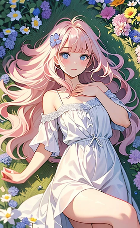 (masterpiece:1.4、top-quality、illustration:,realistic、)、(character focus、,cowboy shot:1.3)、(1girl),(clear face:1.3),(),cute face,blue eyes、(tareme:1.3)、(from above),
(Lying in a flower field:1.4),(on side1.5)、
(pink blonde hair),(very long hair:1.5)、
,(Flower Field:1.3、Flower storm:1.3),(white camisole dress:1.5),
(blunt bangs),(volumey,sidelocks,wavy hair:1.3), (small breasts)、
、slender、
