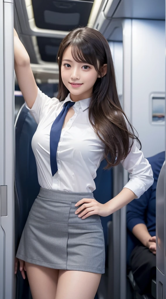 light clothing、formal attire、night景、light、blue eyes、blonde、full body photo、(look to the side),(side shot),sexy face、long straight hair_hair reaching down to waist、 complete appearance、(((masterpiece)))、(perfect breasts),((best quality))、((超realistic))、成熟したfemale、成熟したfemale、aspect、very detailed、smile showing white teeth、Best image quality、Detailed image quality、beautiful、Europe, female, French, female Italian, Italian, The perfect smile、blue eyes、bijouterie, blue eyes, realistic, high resolution, glowing skin, (detailed face),bijouterie, , night, blue hair,blonde, wavy hair,attractive appearance, The perfect smile,(Air hostess),Cabin Attendant,Tight miniskirt,Perfect-fitting white short-sleeved shirt,All buttons on my shirt are undone.,Silk tie,inside the airplane