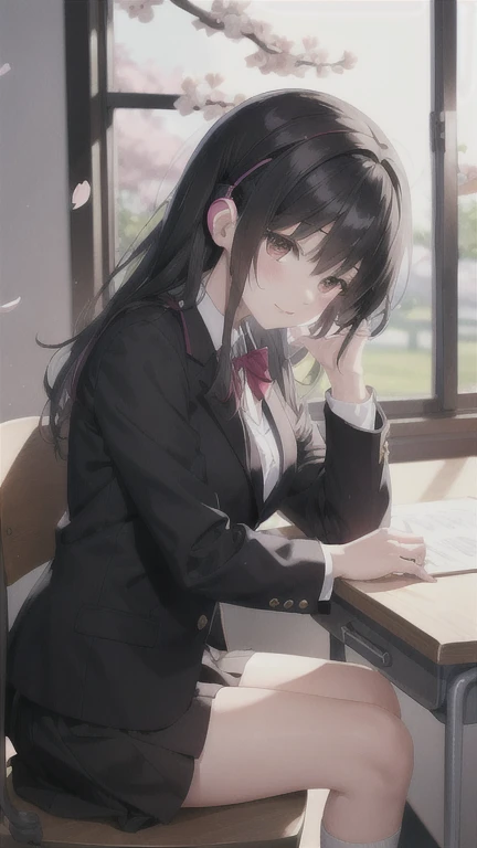 A beautiful black-haired high school girl studying at her desk while listening to music with headphones in her room、Blazer uniform、Outside the warmly lit room, cherry blossoms are blowing wildly.、Japanese anime style、Shooting from a diagonal side angle