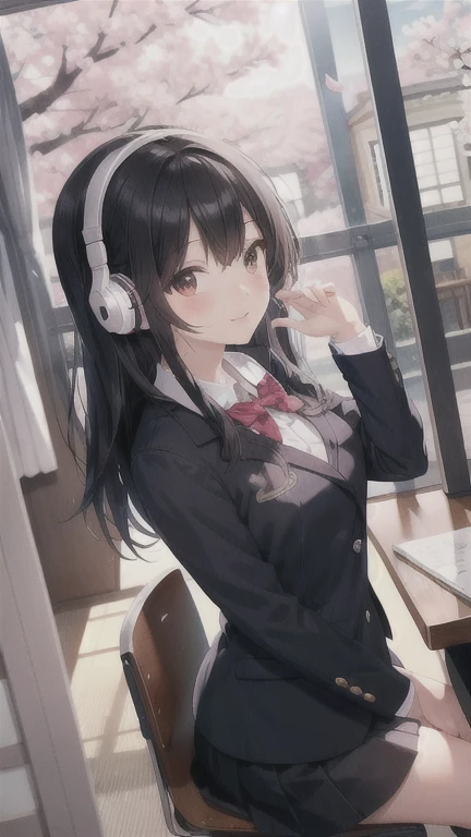 A beautiful black-haired high school girl studying at her desk while listening to music with headphones in her room、Blazer uniform、Outside the warmly lit room, cherry blossoms are blowing wildly.、Japanese anime style、Shooting from a diagonal side angle