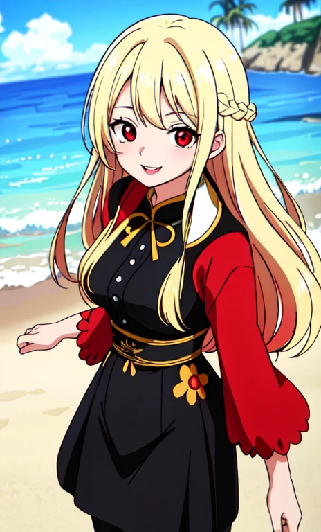 Beautiful anime girl, solo, 1girl, looking at viewer, cute, beautiful, red eyes, long hair, open hair, blonde hair, braided hair, strawhat, one piece, smiling, smooth skin, light skin, red lips, anime, best quality, masterpiece, extremely detailed, 4k, red eyes, beautiful red eyes, detailed face, detailed eyes, golden necklace, golden earings, standing, extremely beautiful, highres, high quality eyes, hair covering one eye,  wanostyle, ((masterpiece)), (best quality), (extremely detailed), depth of field, sketch, dark intense shadows, sharp focus, soft lighting, hdr, colorful, good composition, spectacular, anime screencap, (Highest quality illustrations:1.2), (Kawaii Girl:1.1), (1girl in, solo:1.5), One pose、Neat and clean image、ultradetailed eyes:1.2), ((red-eyed、Blonde hair:1.5))、hair wavy、curlyhair, hair wavy、BREAK(top-quality、ultra-detailliert、highly detailed and beautiful、超A high resolution、Detailed arm:1.2)、a closeup、bustup, Wink, normal sized breasts, ocean beach background, high quality jewelry, full body, thin body, black top, open red coat, black pants,
