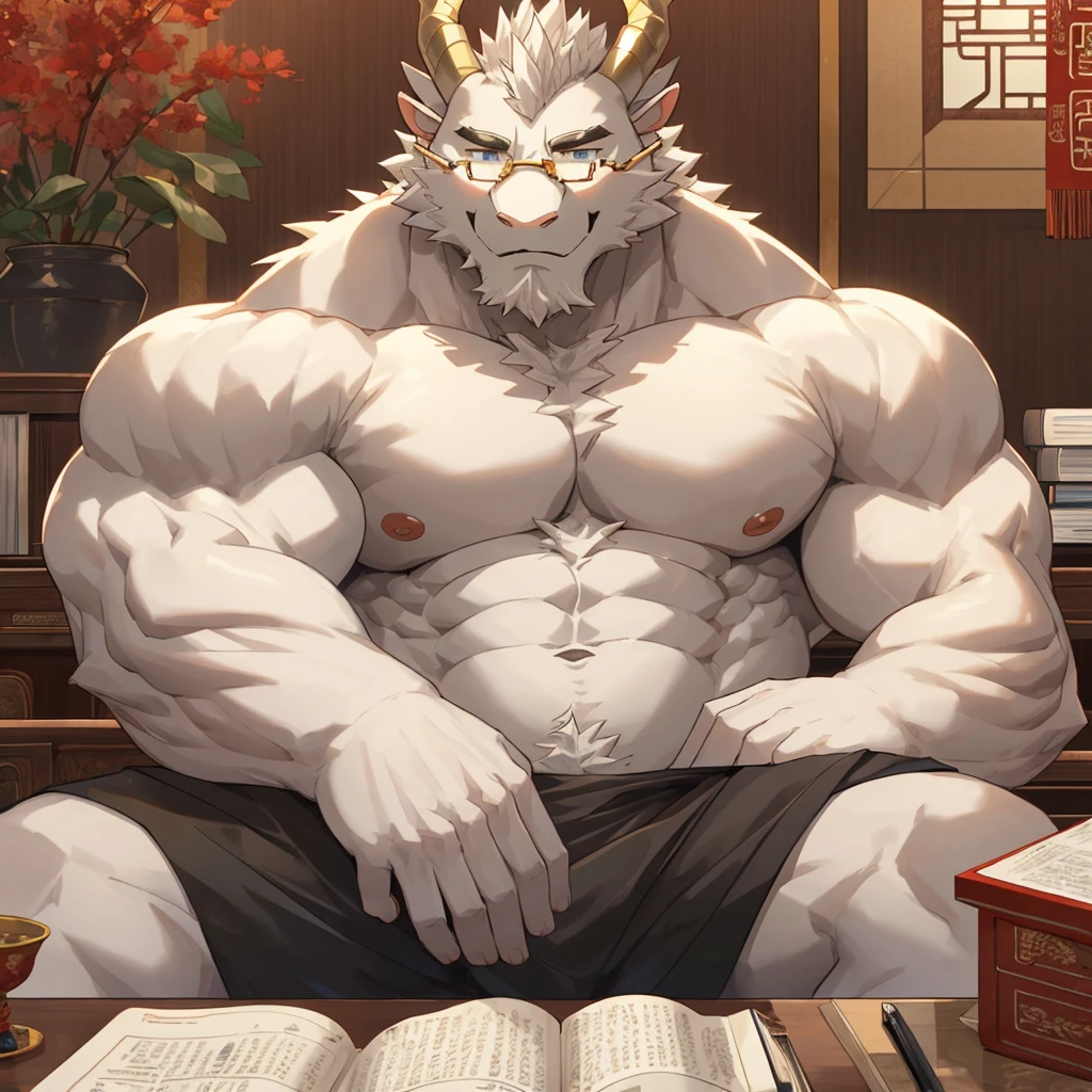 (white eastern dragon),furry,fuii body shot,white mustache,big pecs,hearty males,artbook,muscular,rimless_eyewear,naked,holding_stylus,sitting_on_desk,adult,traditional_chinese_room