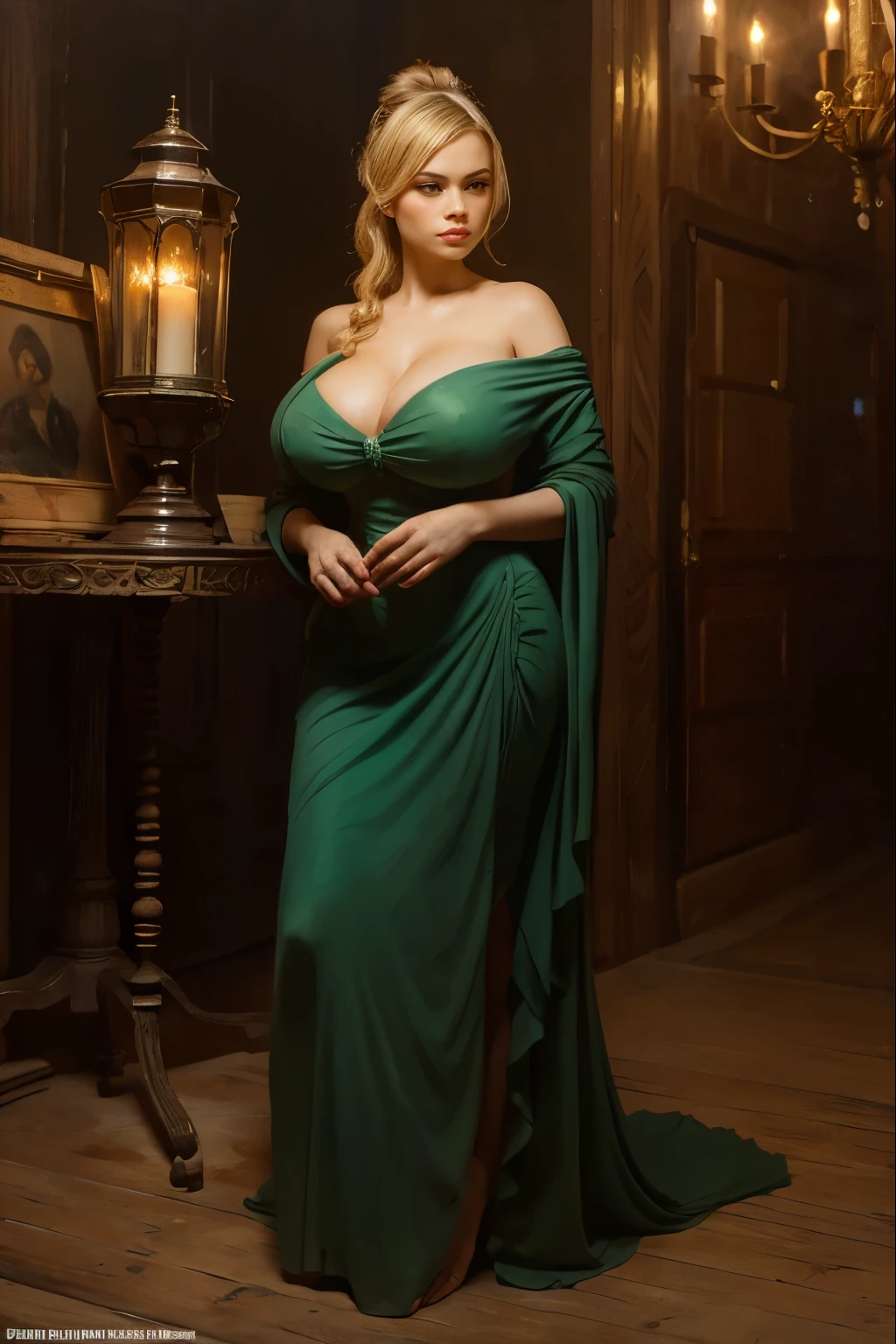 masterpiece, portrait of Guinwen as a courtesan in 19th century, 8K, 1 girl, realistic painting, big head, short neck, pretty face, detailed face, pretty face, round cheeks, ((face of Guinwen)), face of Guin, detailed eyes, graue Augen, big eyes, ((full lips)), parted lips, ((blond)), ((blonde hair)), liftet brows,Haaransatz, hairbun, sehr detailliert, sichtbare Taille, large breasts, huge breasts, (natural breasts), sagging breasts, voll bekleidet, Moulin Rouge, Chat Noir, Portrait, guests in the background, red lanterns, full body, ((oil painting)), full cleavage, full lips, soft skin, (green dress), dreamy look,style of alfons mucha, full body