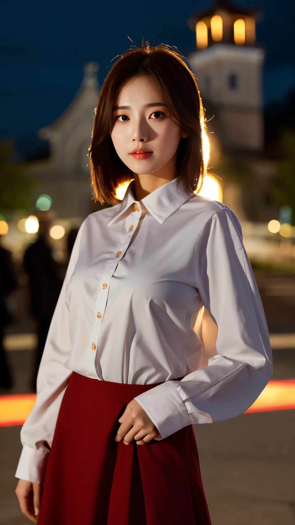 close-up of beautiful korean female, 34 inch breasts size, wearing long sleeve shirt, skirt, in front of the church, bokeh background, night, UHD