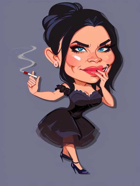 JIM EIDOMODE, 4K, drawing of a woman in a dress with a cigarette in her mouth, caricature, in cartoon style, cartoon digital art, cartoon digital art, cartoon style, cartoon art style, cartoon digital painting, digital art of an elegant,!!! very coherent!!! vector art, evil pose, in digital illustration style, black dress : : symmetrical face, digital art!!