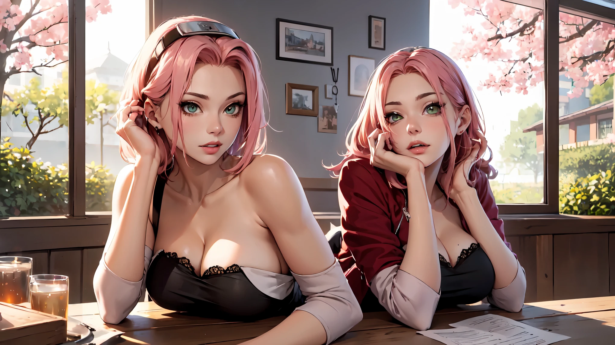 cleavage,sitting,showing her panties, wearing red skirt,sexy outfit,(best quality)), ((Masterpiece)), (Detailed), Perfect Face((best quality)), ((Masterpiece)), (Detailed), Perfect Face(best quality)), ((Masterpiece) ), ( Detailed), Perfect Face (best quality), ((Masterpiece)), (Detailed), Perfect Face, stunningly realistic, photorealistic, photorealism, 1 sakura Haruno