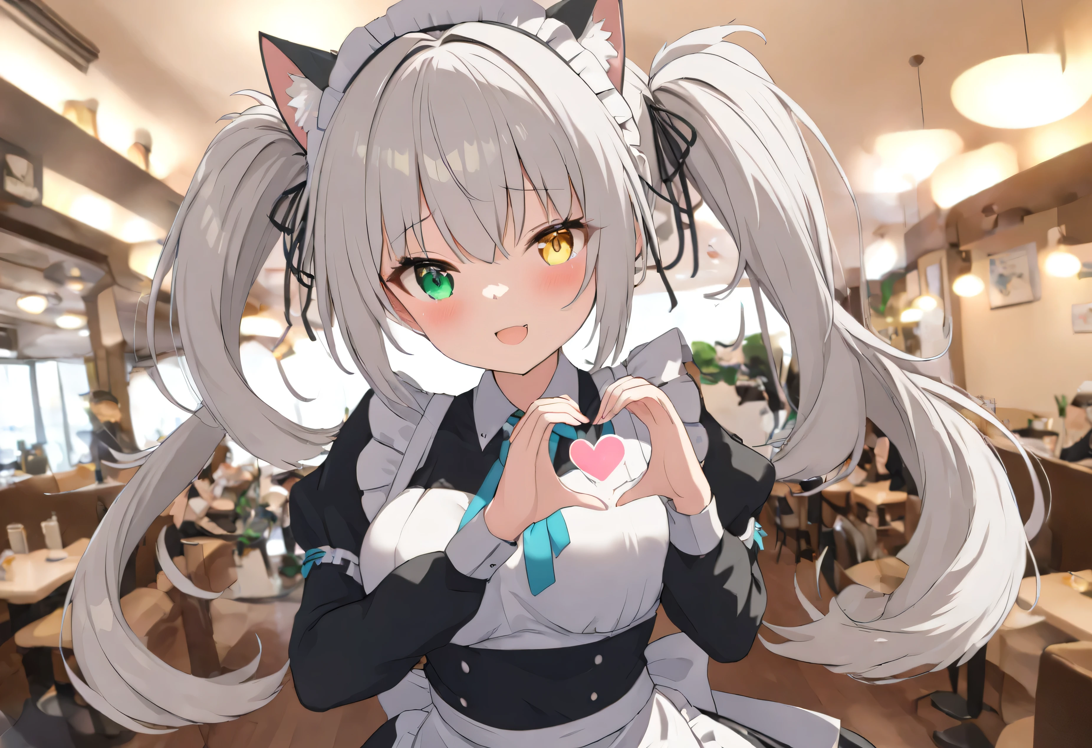 (((best quality ultra-detailed,unity 8k))),1 girl,smile,close eye,,Shiny Hair,(((twin drill))),silver hair,(cat ear classical maid),(((maid Cafe:1.2))),heart hands, own hands together,(Cute heart shaped effects),(heterochromia green eye yellow eye)