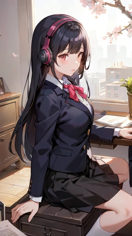 A beautiful black-haired high school girl studying at her desk while listening to music with headphones in her room、Blazer uniform、Outside the warmly lit room, cherry blossoms are blowing wildly.、Japanese anime style、Shooting from a diagonal side angle