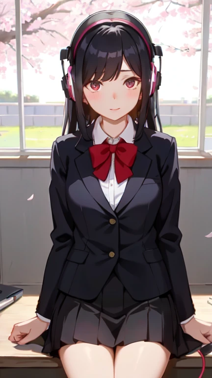 A beautiful black-haired high school girl studying at her desk while listening to music with headphones in her room、Blazer uniform、Outside the warmly lit room, cherry blossoms are blowing wildly.、Japanese anime style、Shooting from a diagonal side angle