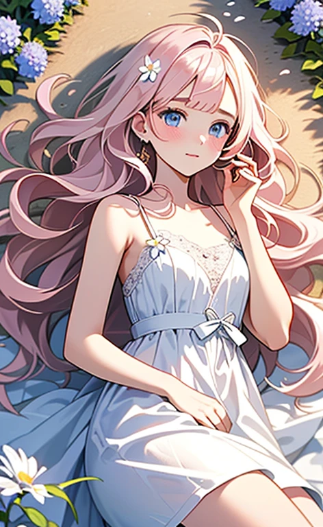 (masterpiece:1.4、top-quality、illustration:,realistic、)、(character focus、,cowboy shot:1.3)、(1girl),(clear face:1.3),(),cute face,blue eyes、(tareme:1.3)、(from above),
(Lying in a flower field:1.4),(on side1.5)、
(pink blonde　hair),(very long hair:1.5)、
,(Flower Field:1.3、Flower storm:1.3),（white camisole dress:1.5),
(blunt bangs),(volumey,sidelocks,wavy hair:1.3), (small breasts)、
、slender、