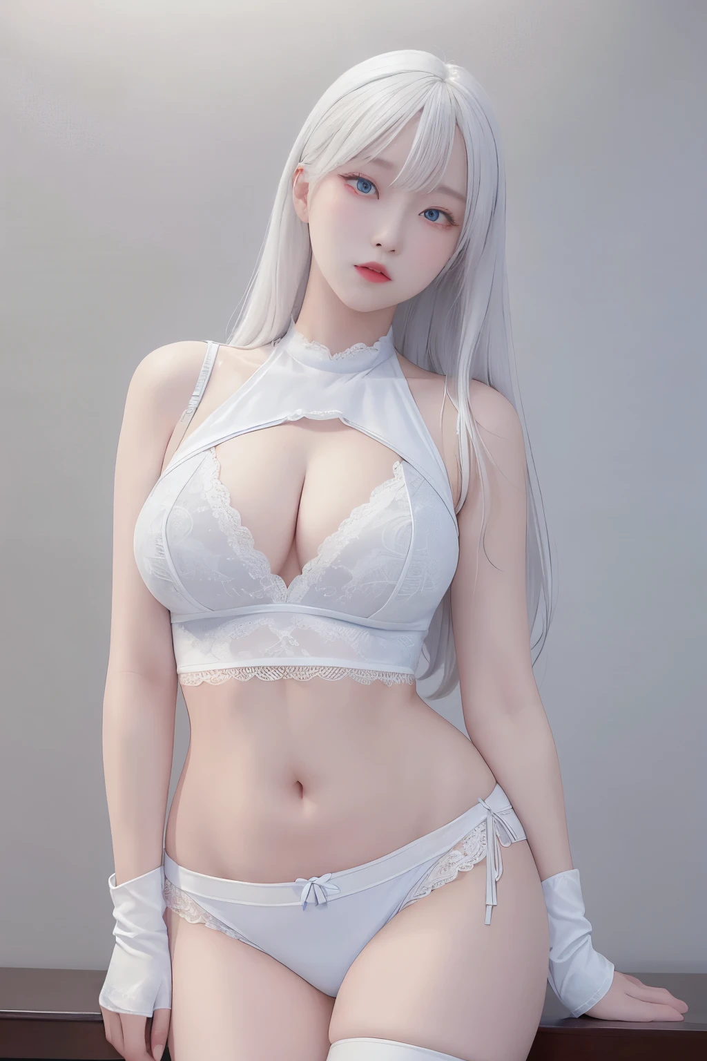 photorealistic, high resolution, 1 girl, white hair, korean, blue eyes, white sexy lace shirt, lace skimpy tight black shorts, thick thighs, lace crop top sexy
