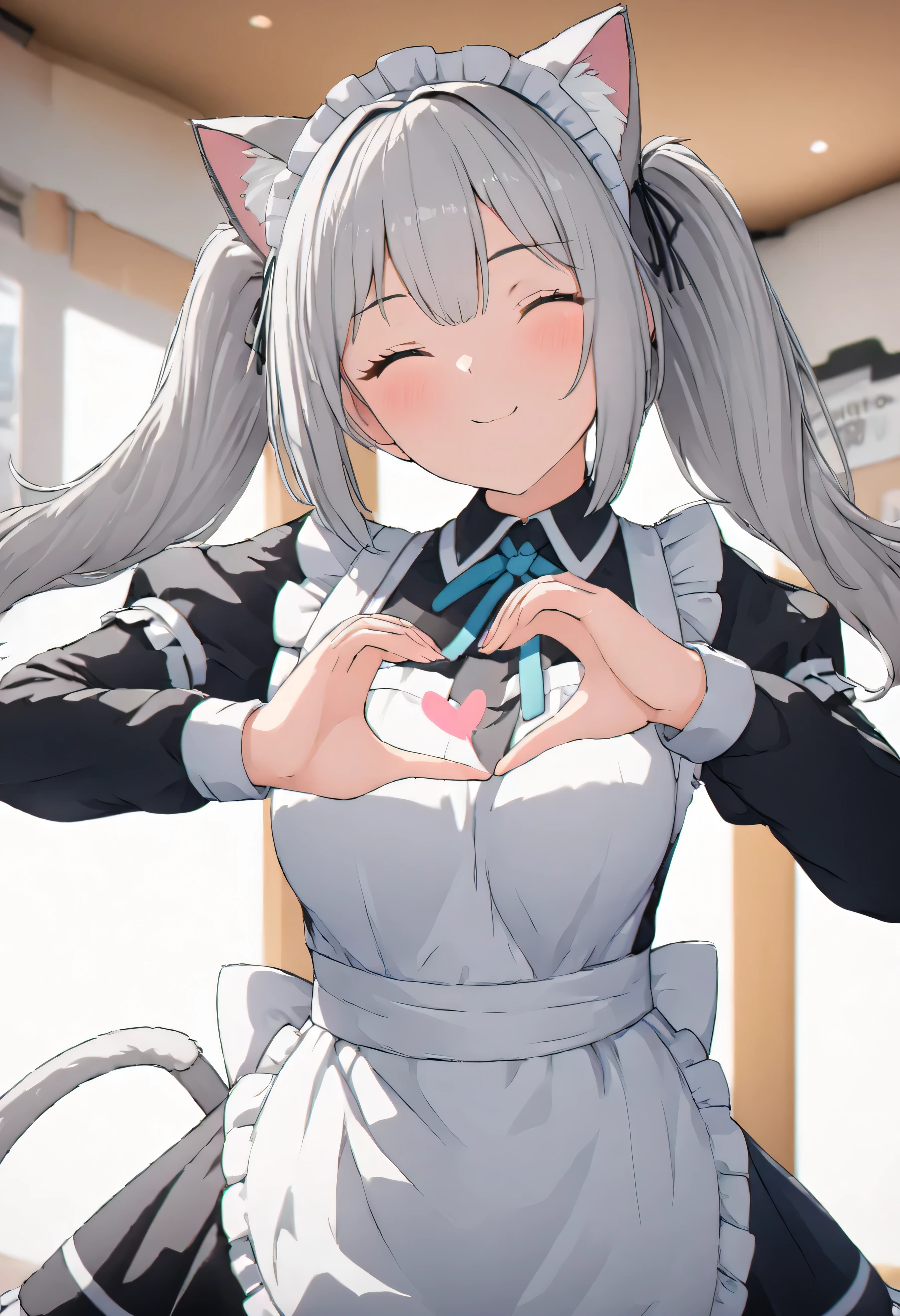 (((best quality ultra-detailed,unity 8k))),1 girl,smile,close eye,,Shiny Hair,(((twin drill))),silver hair,(cat ear classical maid),maid Cafe,heart hands, own hands together,