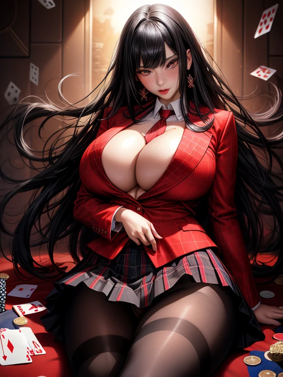 Realistic, One girl, Long black hair, Red eyes, Glowing Eyes, Red blazer, Black plaid skirt, pantyhose, blush, Poker Table、Camel Toe、Giant tit、Nipple Puffs、Cleavage、Plump、Super big breasts、Super big butt