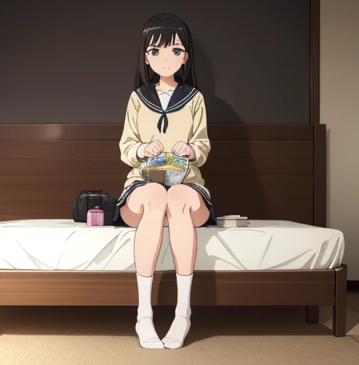 (unity 8k wallpape),(best quality),(high resolution),(ultra-detailed),(perfect anatomy),(beautiful detailed eyes),1girl,(Dimly lit motel room),((Sit on the bed:1.3)),Bedside table,((Three one-dollar bills on the bedside table)), BREAK Bought Girl,15yo,blackhair,,Sailor suit,White socks, body,(holding a frankfurter in one hand),Sit well behaved,A tense look,Look down,The eyes are looking at me,Photograph the whole body, BREAK There are three coins on the table,Also put dildos,Camera for taking pictures,