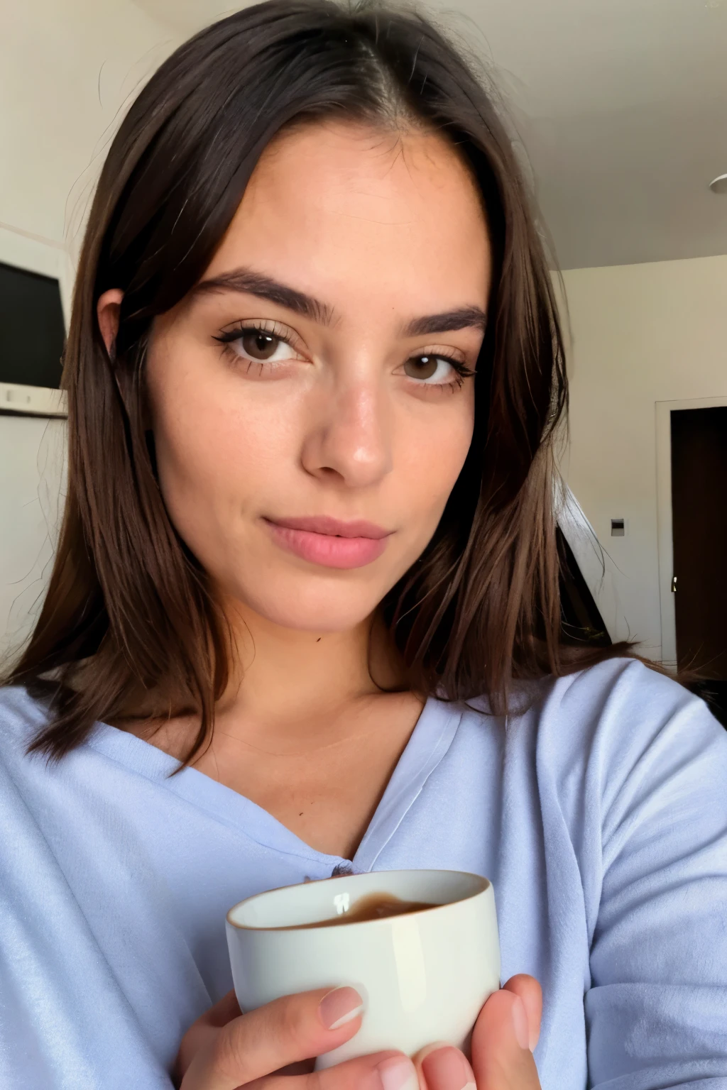 femme brune selfie,((best quality)), ((masterpiece)), (detailed), perfect face, with tea in hand and pajamas