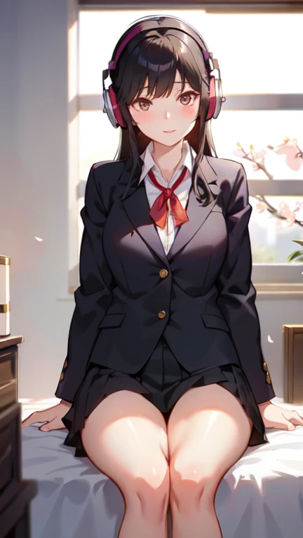 A beautiful black-haired high school girl studying at her desk while listening to music with headphones in her room、Blazer uniform、Outside the warmly lit room, cherry blossoms are blowing wildly.、Japanese anime style、