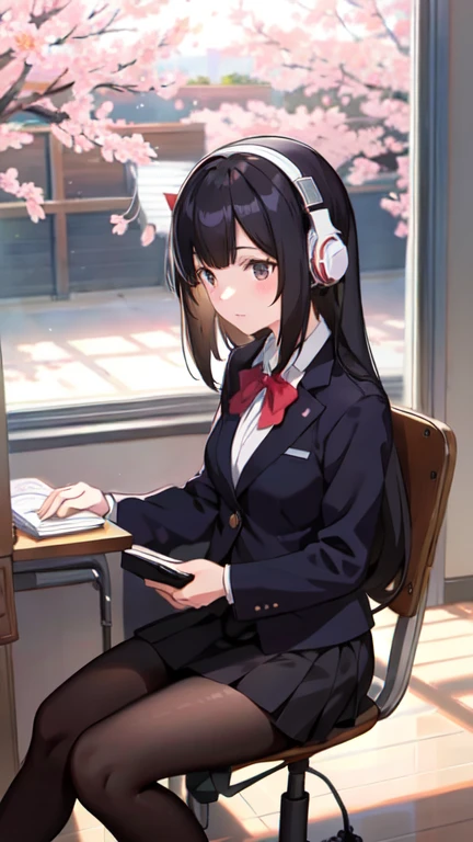 A beautiful black-haired high school girl studying at her desk while listening to music with headphones in her room、Blazer uniform、Outside the warmly lit room, cherry blossoms are blowing wildly.、Japanese anime style、