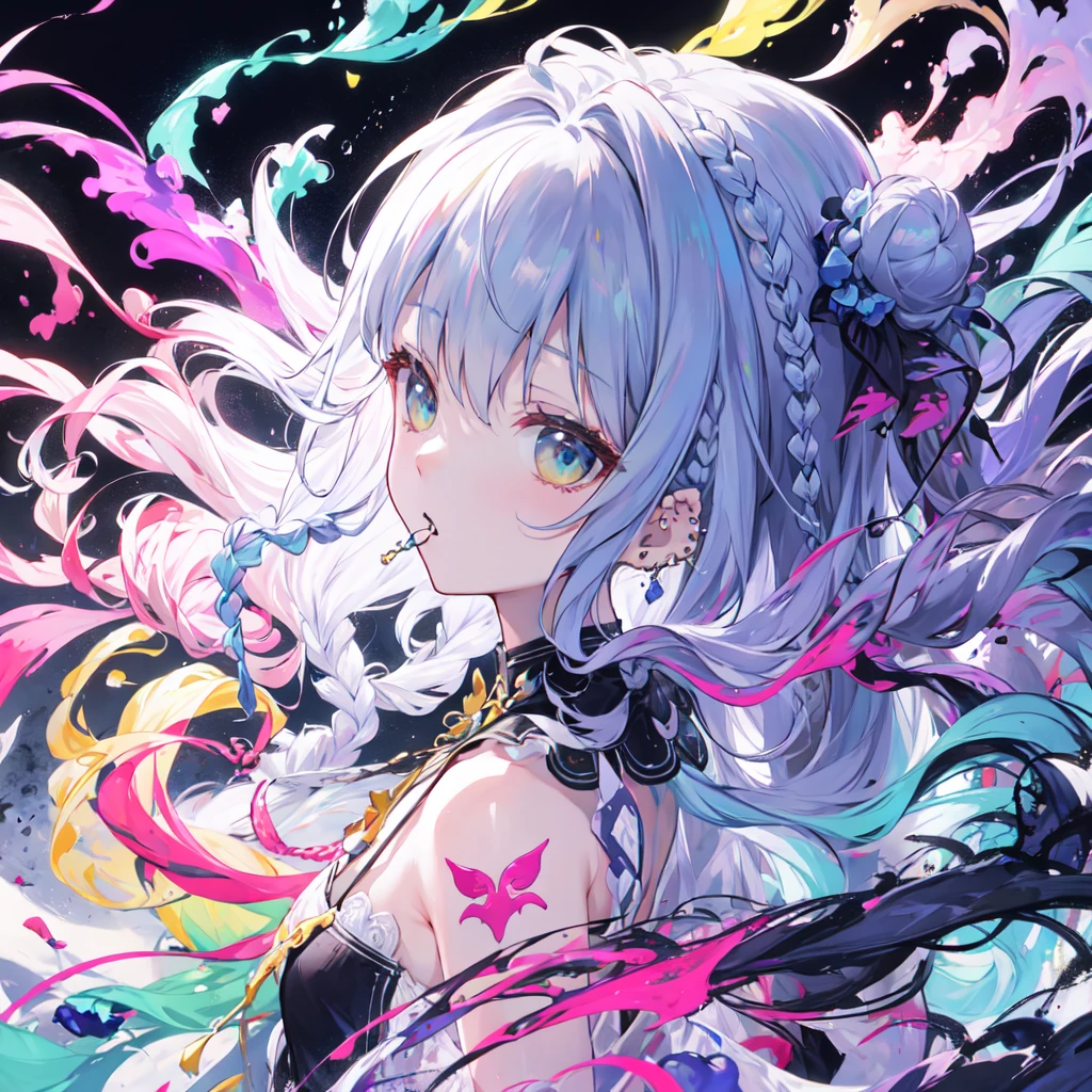 from side,solo,(braid:1.4),two side up,dreadlocks,(drill hair,hime cut,afro,ponytail,twintails,hair bun:0.8),(wavy multicolor hair:1.2),(smokeanywhere:1.4),piercing、Fractal Art、Face close-up、