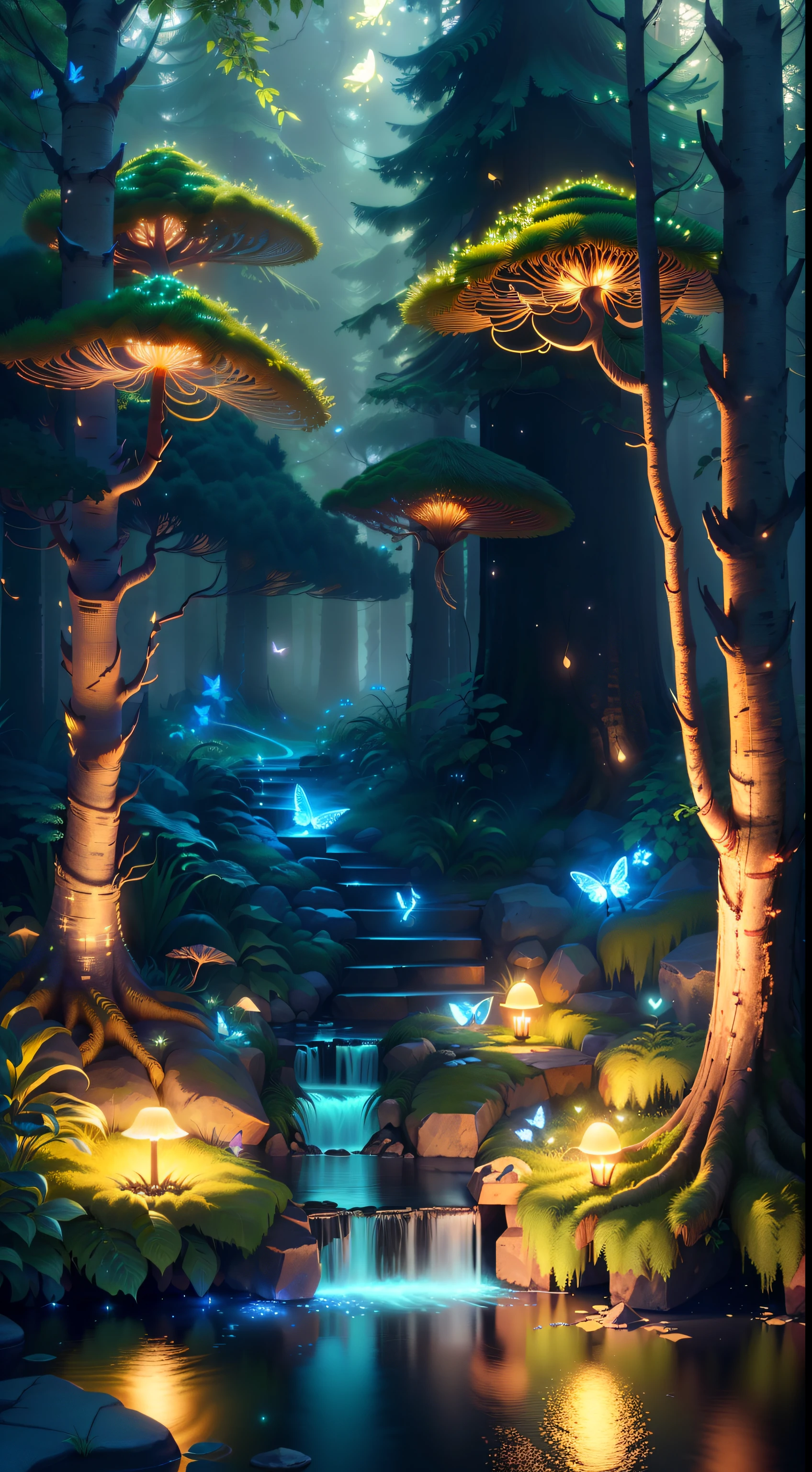 Masterpiece, best quality, (highly detailed CG unity 8k wallpapers), (best quality), (best illustrations), (best shadows), forest theme with natural elements. Tall trees, quiet streams, small glowing mushrooms surrounded by delicate leaves and branches, with fireflies and glowing particle effects,, (natural elements), (jungle theme), (leaves), (twigs), (fireflies), butterflies, (delicate leaves), (glow), (particle effects). , Isometric 3D, Octane Rendering, Ray Traced, Super Detailed