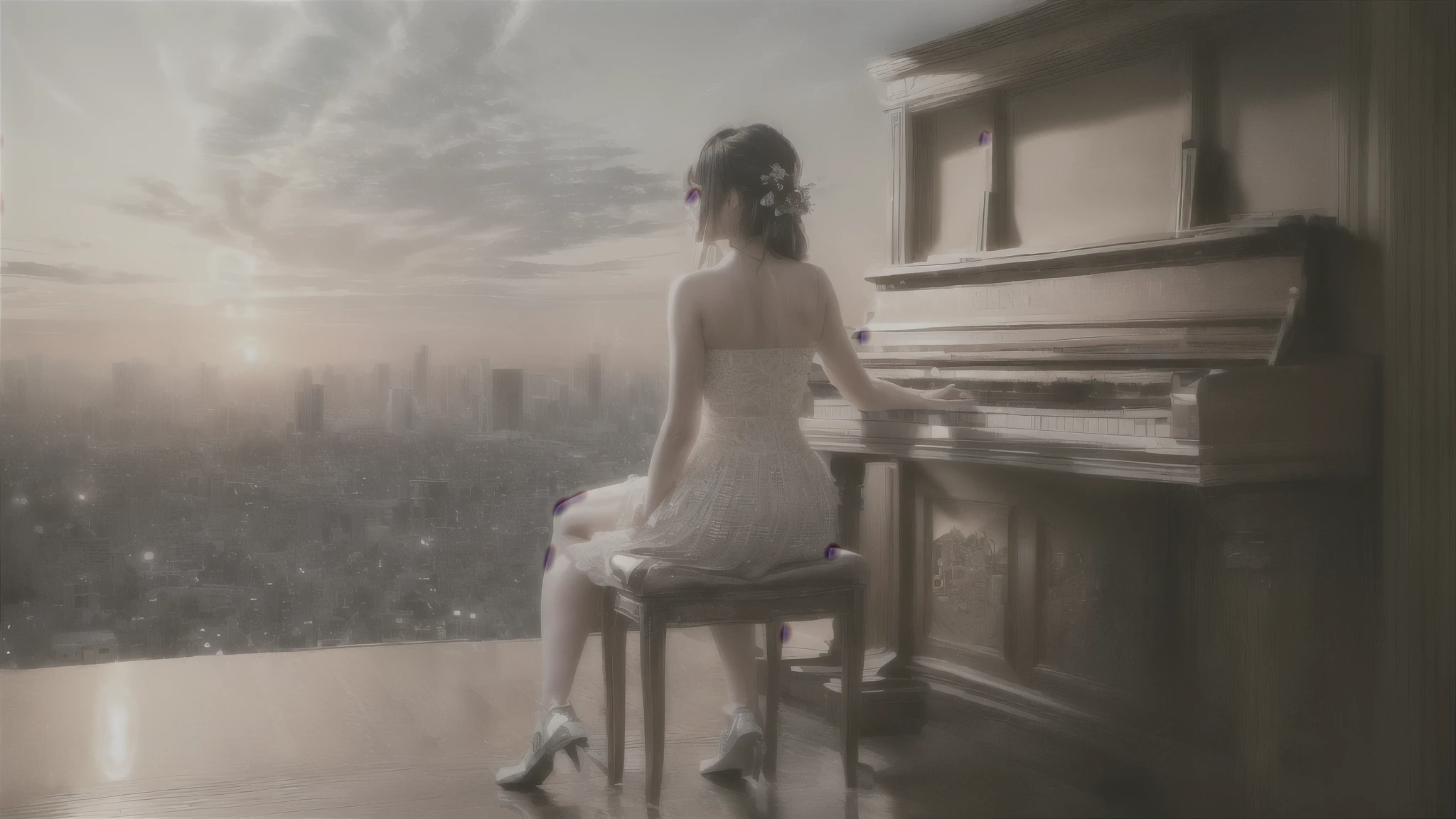 With detailed Tokyo cityscape in the background。There was a woman sitting at the piano gazing at the sky.、In the afternoon light、Beautiful magnificent clouds、There is a beautiful sky。There is sunlight between the clouds。The front of the piano and the parts underneath her chair are shining in the sunlight.。She is sitting with her boots off。 highest quality, Real, Photorealistic, highest quality, masterpiece, Very delicate and beautiful, Very detailed, Fine Details, Ultra-detailed, High resolution, Very detailed, Real, Ultra high definition, highest quality, Ultra high definition, High-resolution textures