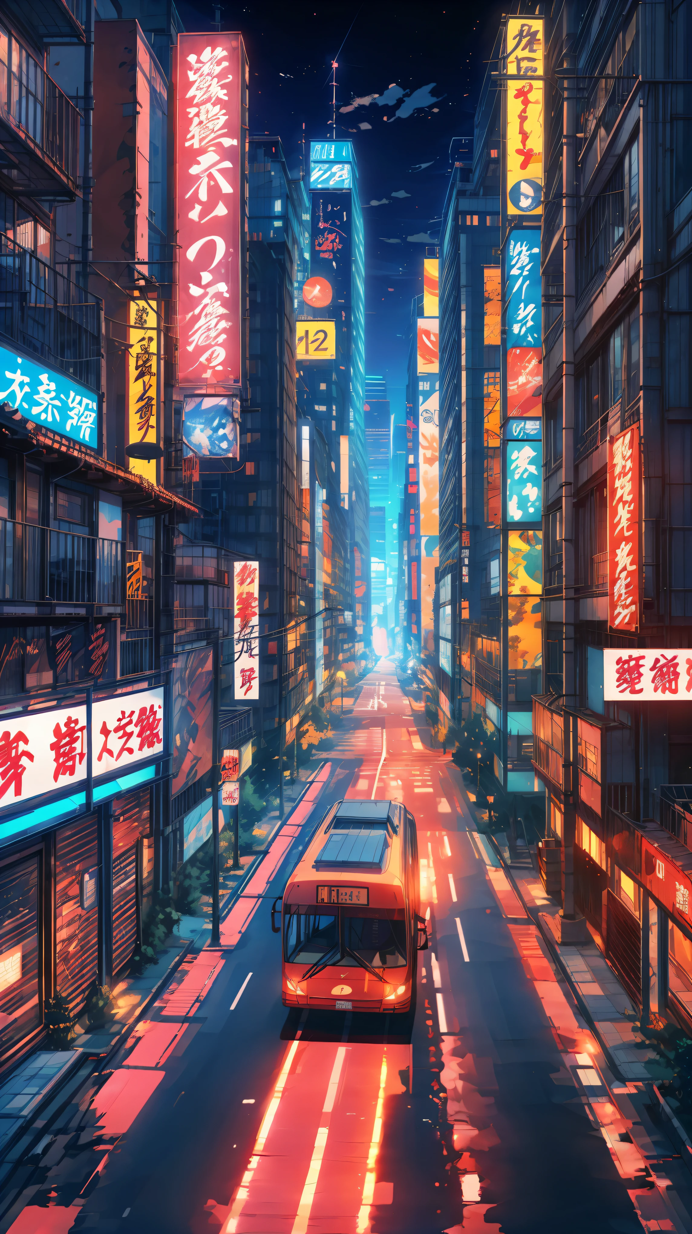 Generate an 8K painting of a bus driving down a street next to buildings, traffic signal, neon, neon lights, anime scenery, hd anime cityscape, rnb lights, anime background art, anime. by makoto shinkai, anime wallaper, anime movie background, makoto shinkai. —h 2160, colorful anime movie background, alena aenami and artgerm, makoto shinkai art style, anime landscape wallpaper