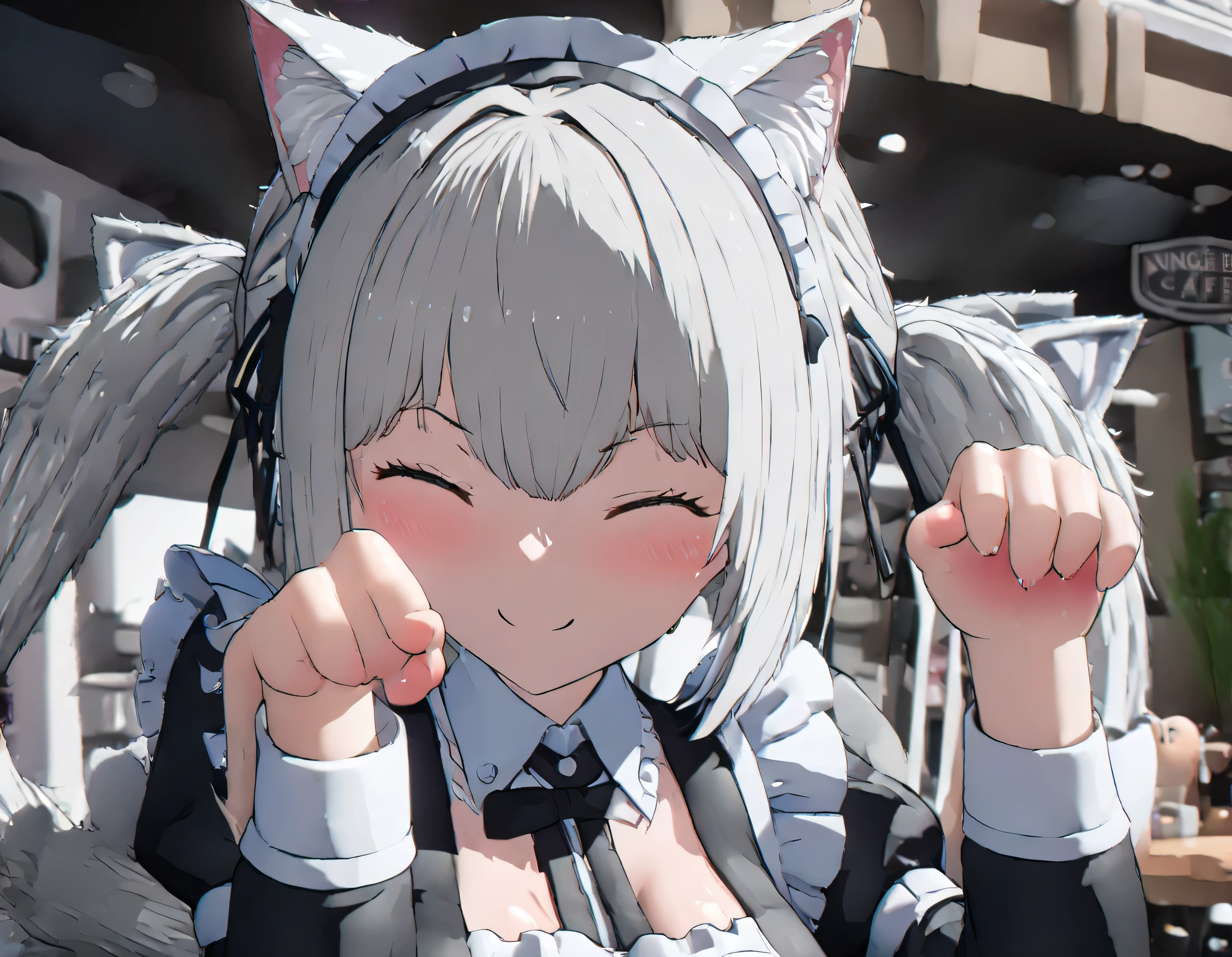 (((best quality ultra-detailed,unity 8k))),1 girl,smile,close eye,,Shiny Hair,(((twin drill))),silver hair,(cat ear classical maid),maid Cafe,hand {fingers} paw pose {finger} hand